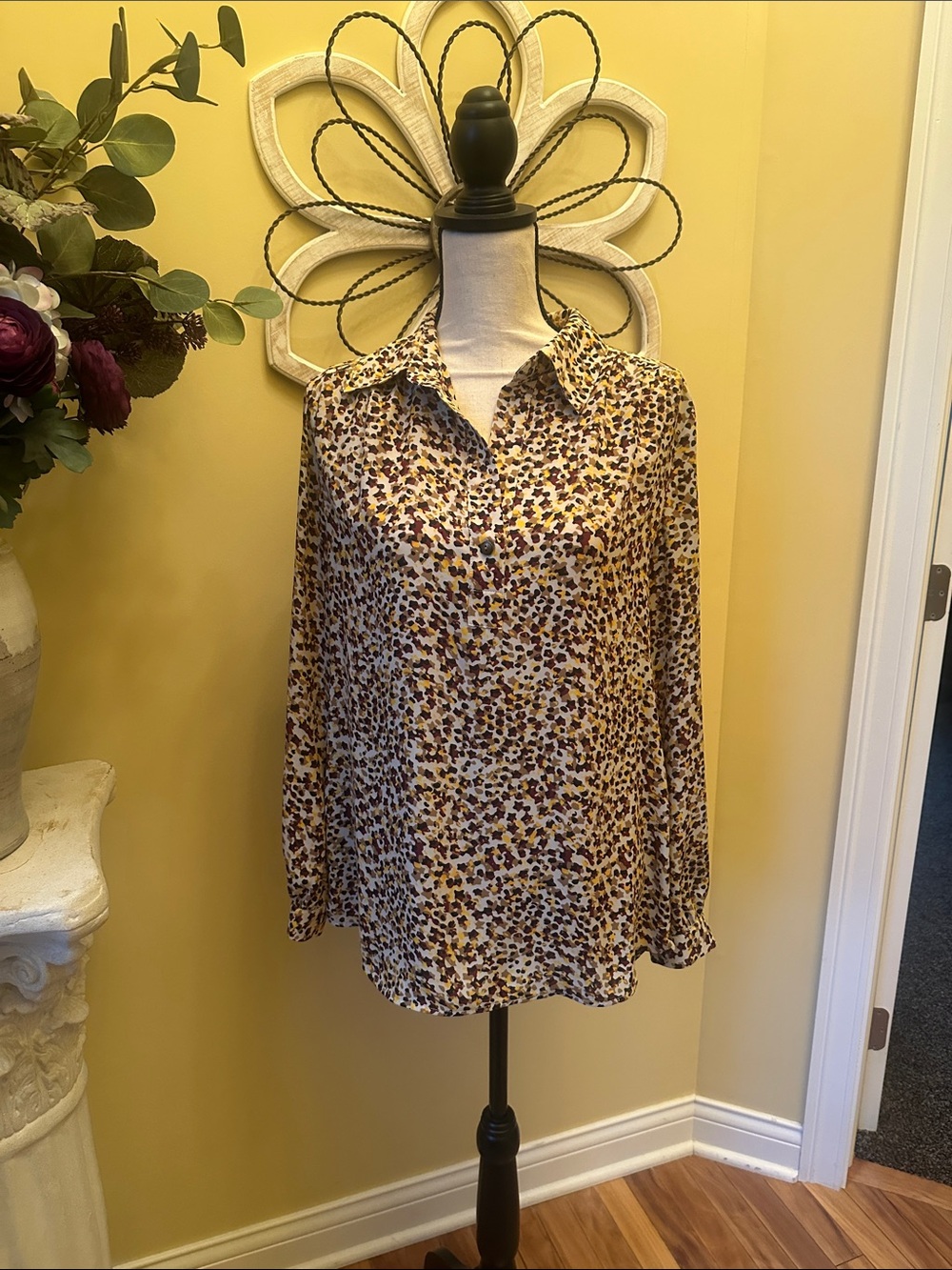 CAbi Multi Brown and Black Leopard Print Long Sleeve Blouse